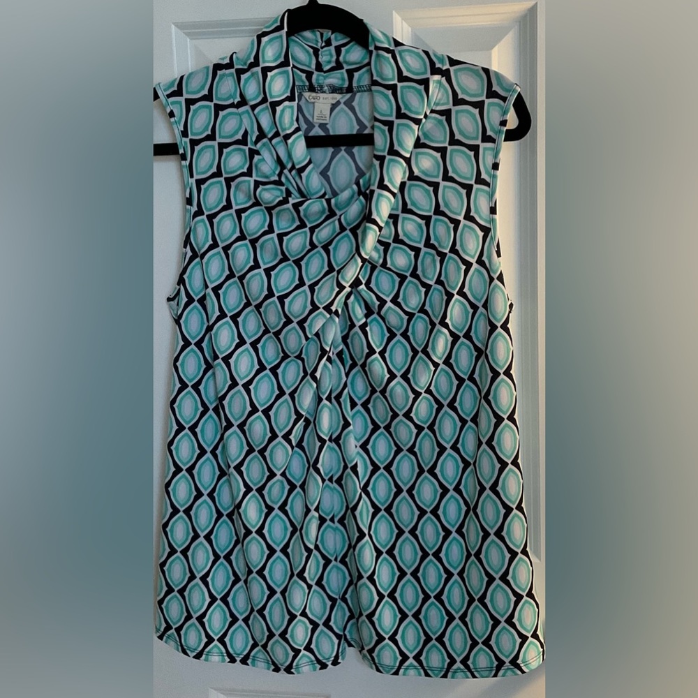 Cato Teal and Black Geometric Sleeveless Blouse